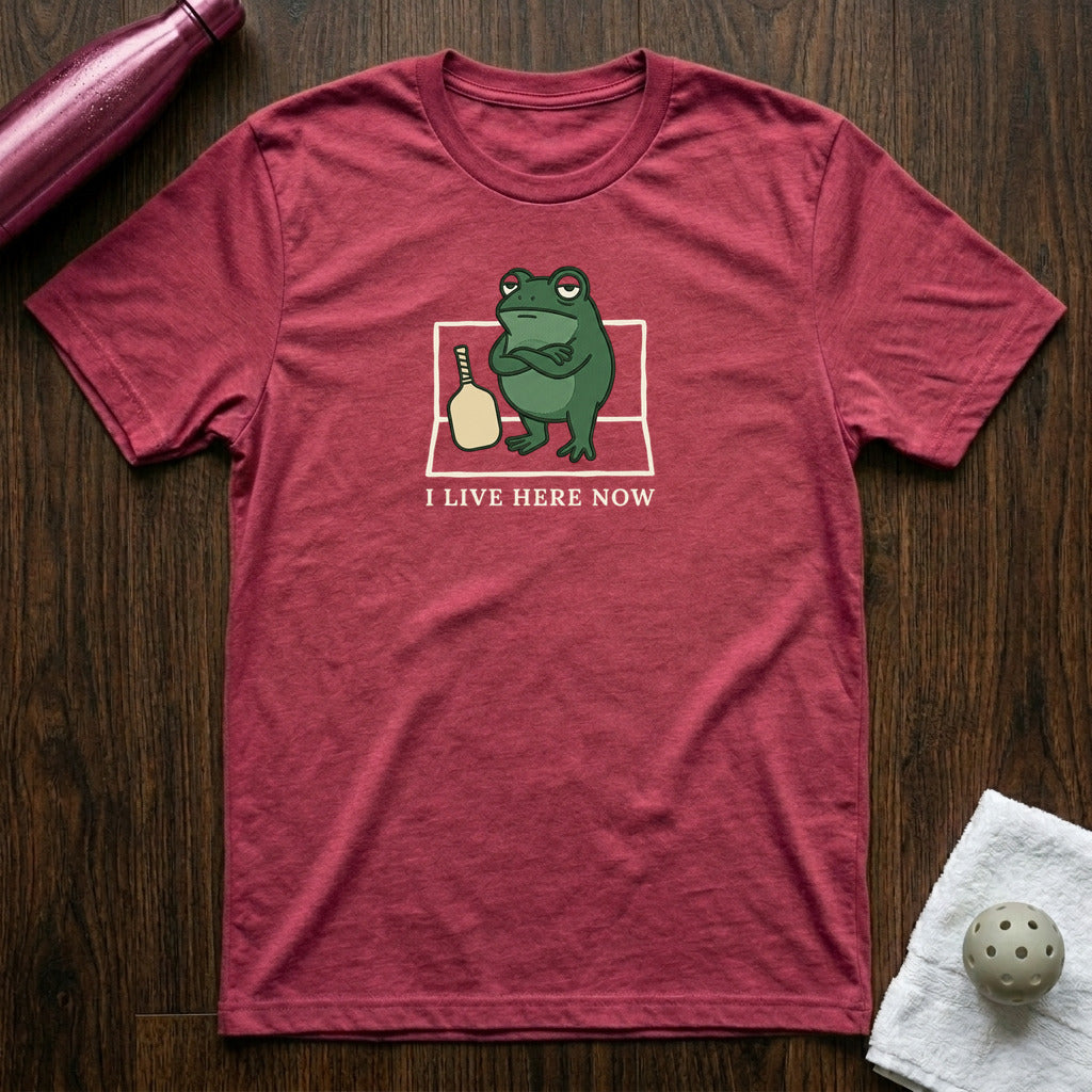 I Live Here Now Pickleball T-Shirt in Heather Raspberry