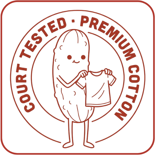 Logo with a cartoon cotton kernel holding a shirt and 'Court Tested Premium Cotton' text.