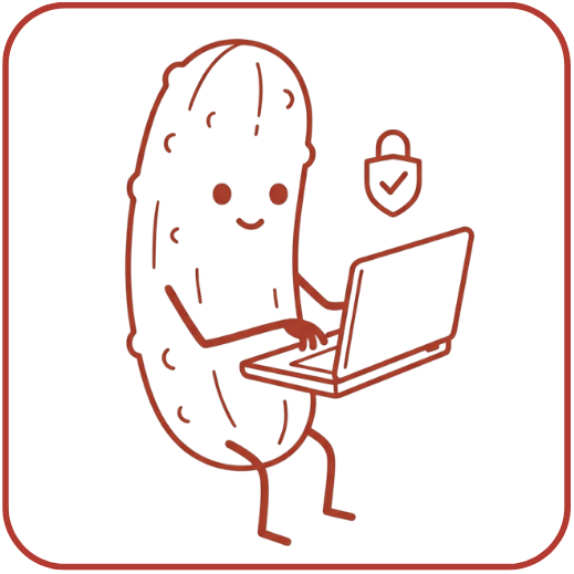 Illustration of a pickle character using a laptop with a security icon.