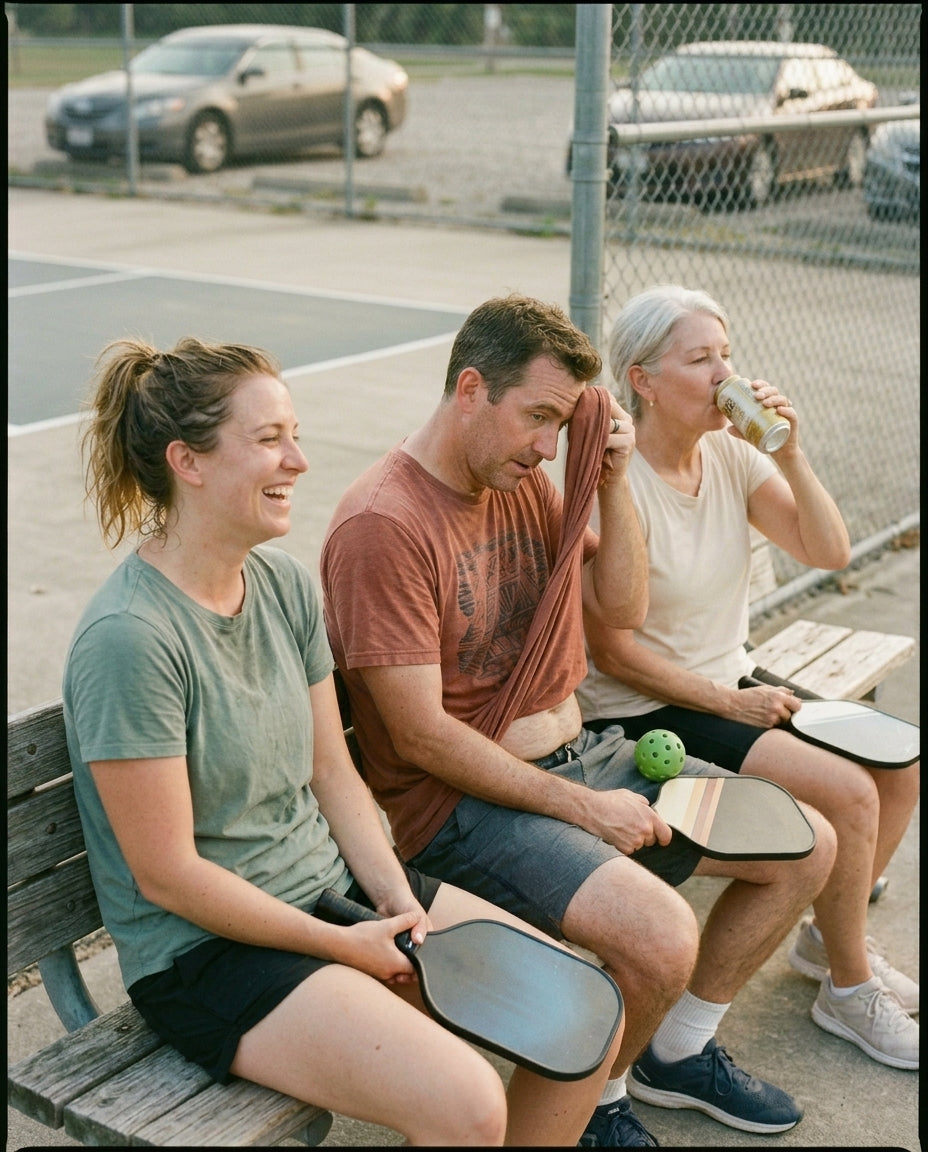 Three people sitting on a bench with pickleball paddles, outdoors.